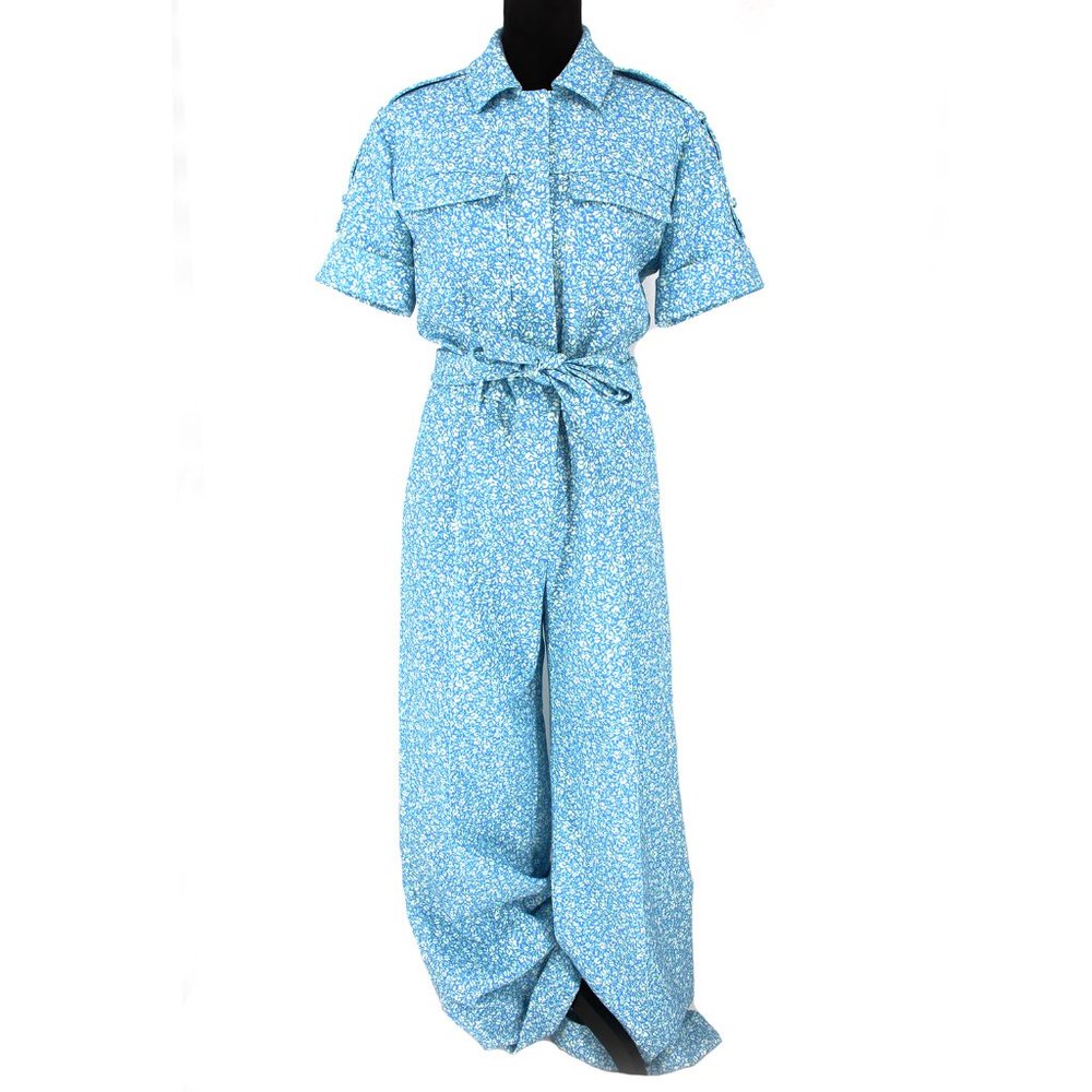 Jonathan Simkhai Owen Ditsy Blue White Floral Crepe Jumpsuit Pants 4 NWT - Picture 2 of 11